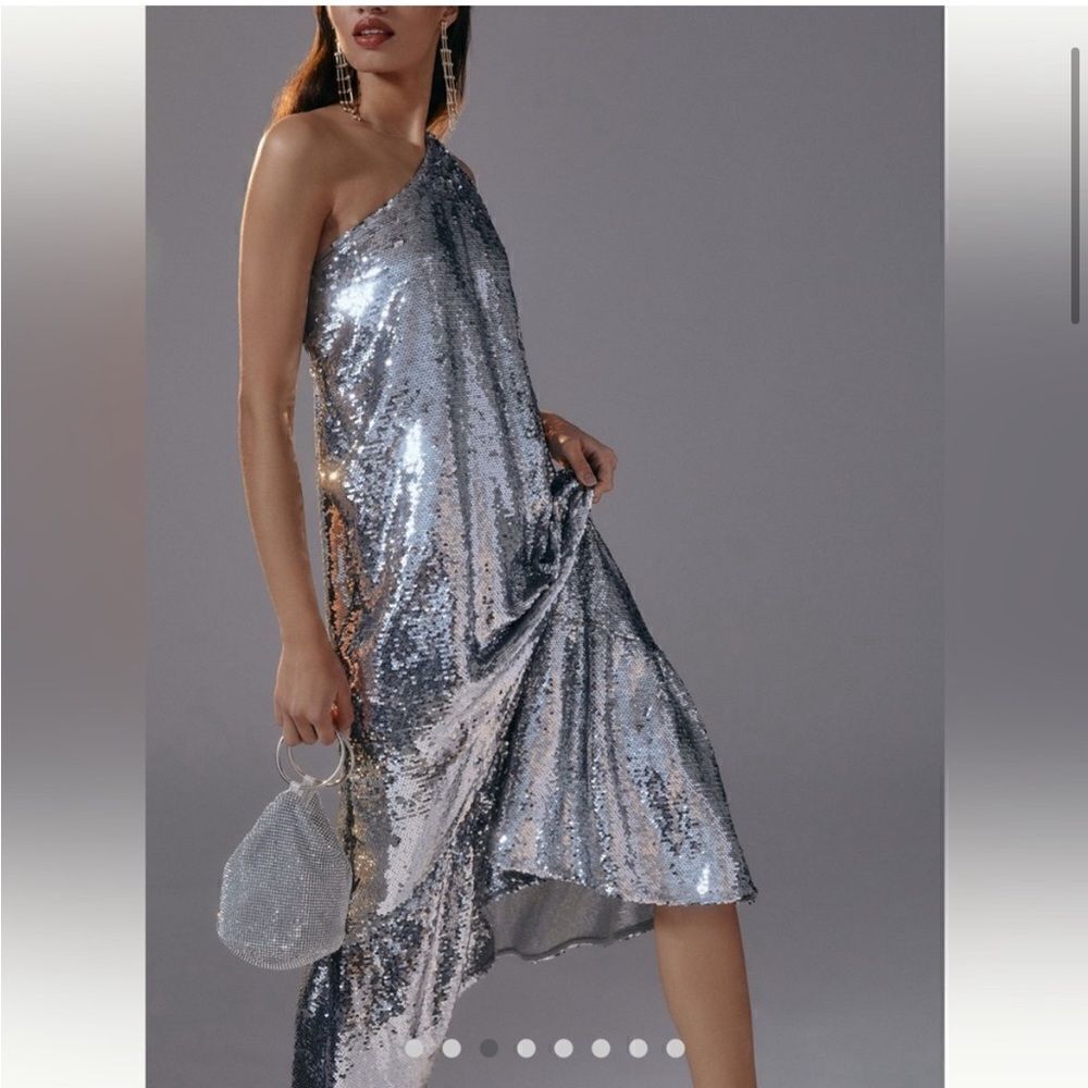 NEW Anthropologie Maeve Sequin One Shoulder Ruffle Midi Dress Silver - Picture 11 of 13